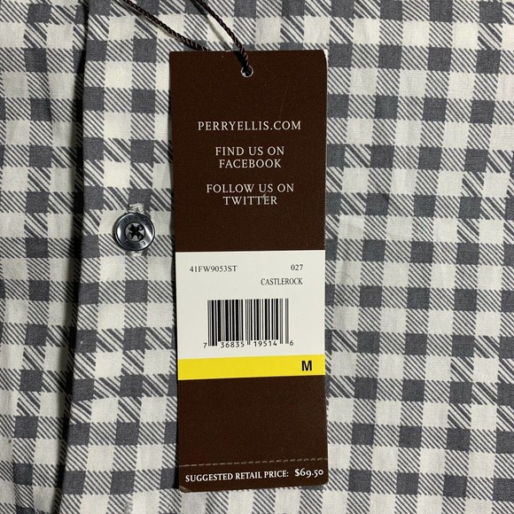 Perry Ellis Mens Medium Gray Check Plaid Linen Button Up Shirt New With Tags - Picture 9 of 10